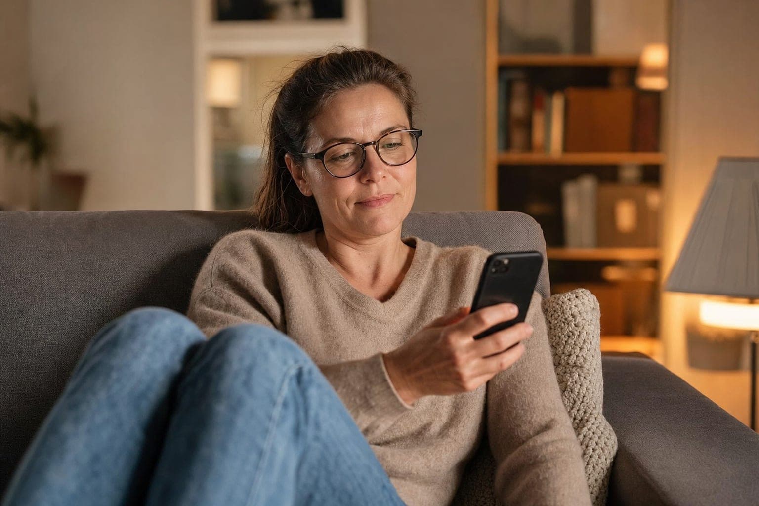 Fachkraft zuhause auf dem Sofa mit dem Telefon in der Hand